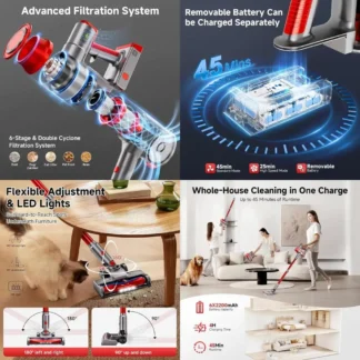 Aspiradora Vertical Potente de 35Kpa con Pantalla LED de 45 Minutos y Carga en Pared, Ideal para Pisos Duros, Alfombras y Pelo de Mascotas