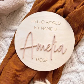Placa de madera personalizada con nombre de Hello World - Señal de anuncio de recién nacido - Placa de nombre para anuncio de nacimiento