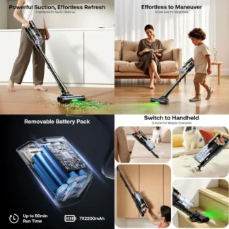 Aspiradora Vertical Ligera, 50 Minutos de Autonomía, Gran Potencia de Succión, Ideal para Pisos Duros, Alfombras, Pelo de Mascotas, Negra