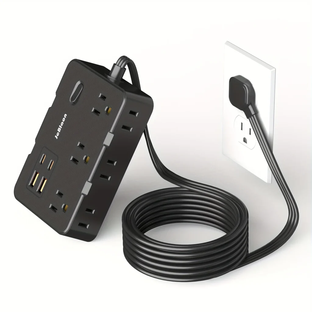 Cable de extensión de enchufe plano ultrafino con 4 puertos USB (2 USB C), tira de Alimentación protectora contra sobretensiones de 5 pies, extensor de 6 salidas amplias