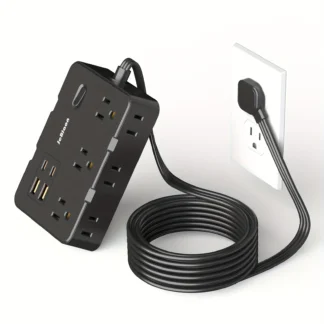 Cable de extensión de enchufe plano ultrafino con 4 puertos USB (2 USB C), tira de Alimentación protectora contra sobretensiones de 5 pies, extensor de 6 salidas amplias