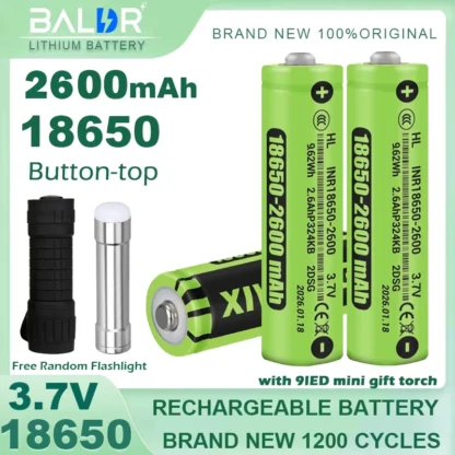100% nueva, Original, de alta calidad, 18650, 2600mAh/1200mAh, 3,7 V, batería recargable de iones de litio con regalo, minilinterna de 9 LED