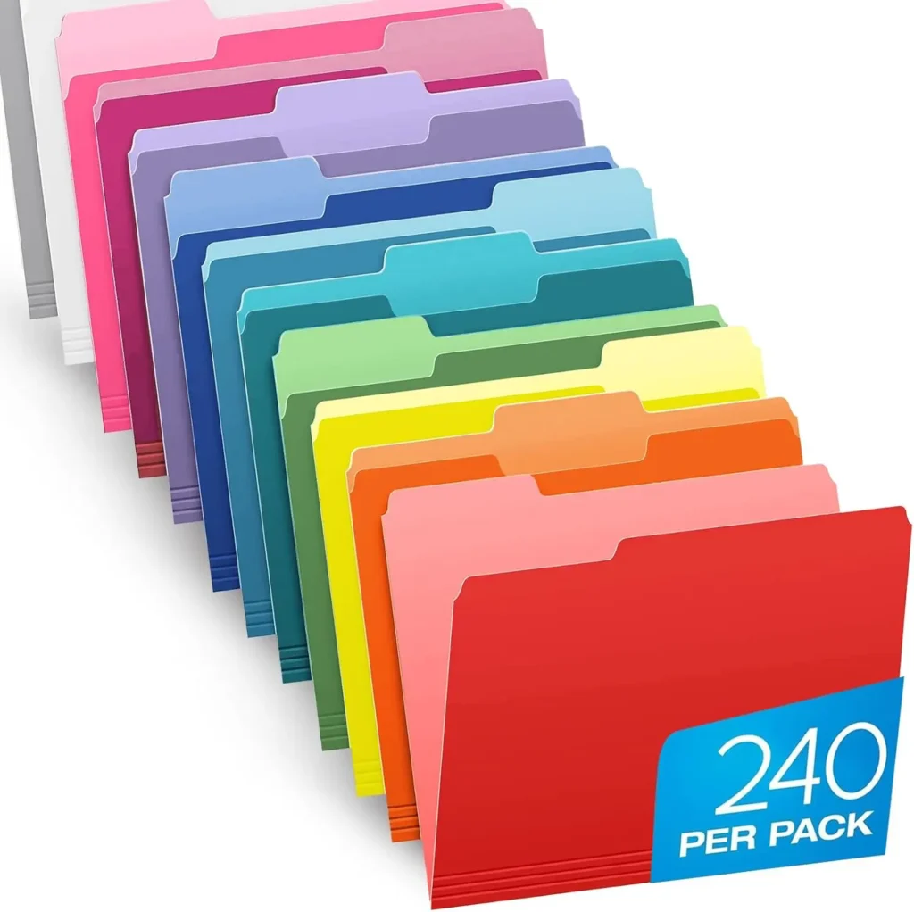 Paquete de 240 carpetas de archivos de colores surtidos tamaño carta con pestañas de 1/3 cortes para una fácil organización de documentos