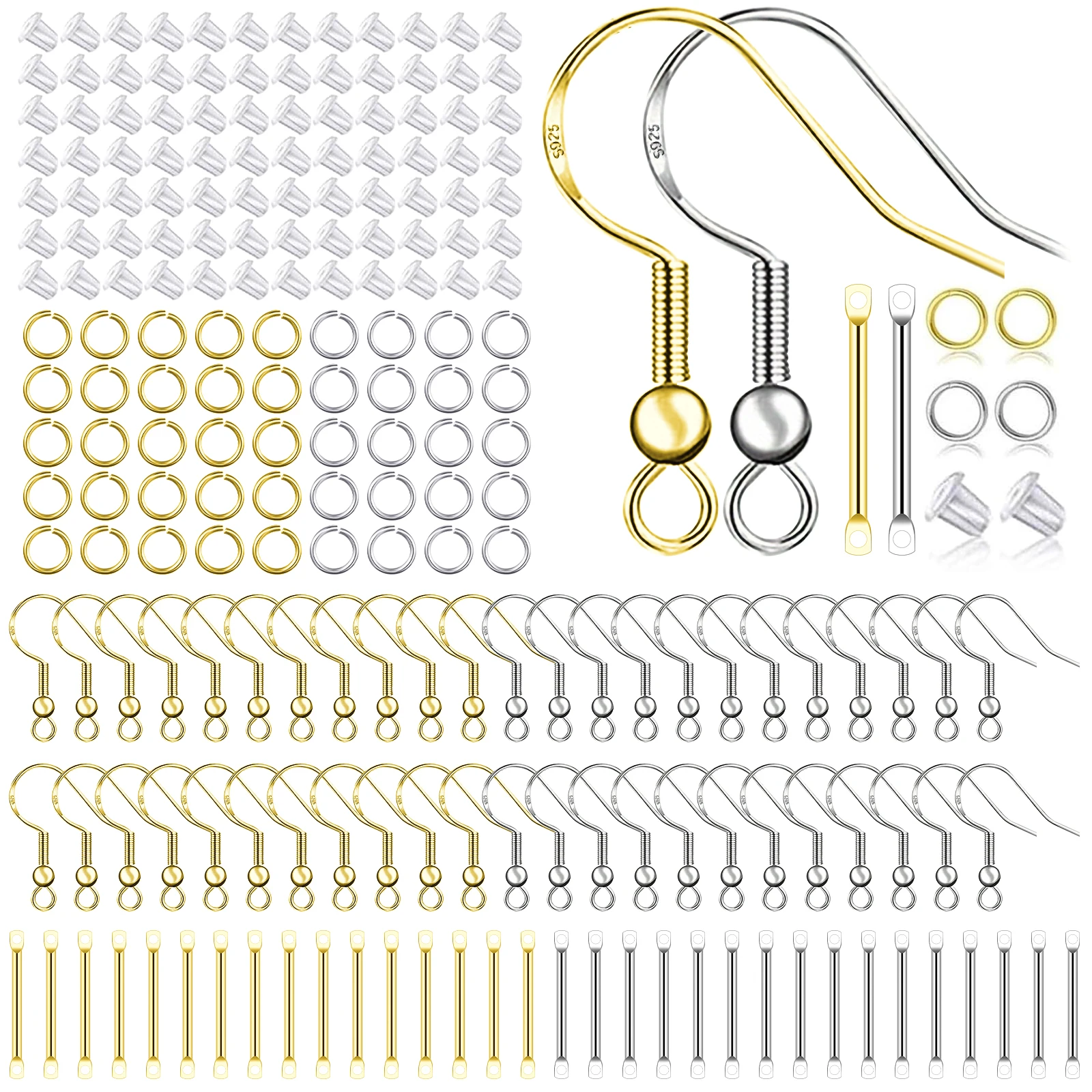 Ganchos para pendientes chapados en plata/oro 925 para la fabricación de joyas, Kit de fabricación de pendientes hipoalergénicos de 900 piezas, accesorios para pendientes, anillos para saltar