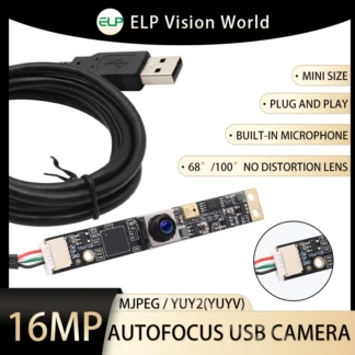 Módulo de cámara ELP de 16MP con enfoque automático, compatible con micrófono, sin distorsión, gran angular, Mini cámara de módulo de placa delgada Industrial integrada