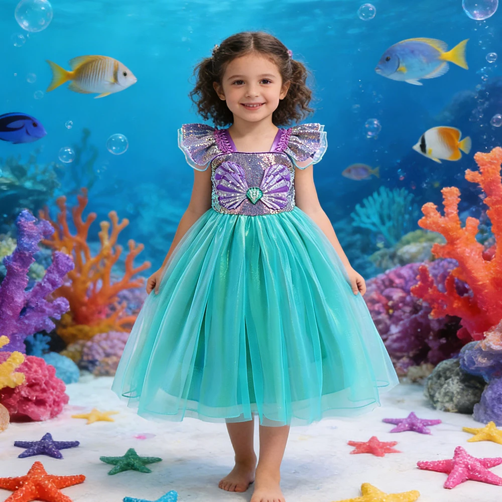 Vestido de princesa sirena para niña, vestido de malla con lentejuelas para cumpleaños, trajes de Carnaval, vestidos de fiesta para niñas, disfraces de Cosplay, vestido de noche