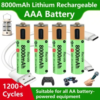 Batería recargable AAA duradera, batería de gran capacidad de 8000mAh, USB-C de carga rápida, 1200 ciclos para cámara de juguete, reloj, Control remoto