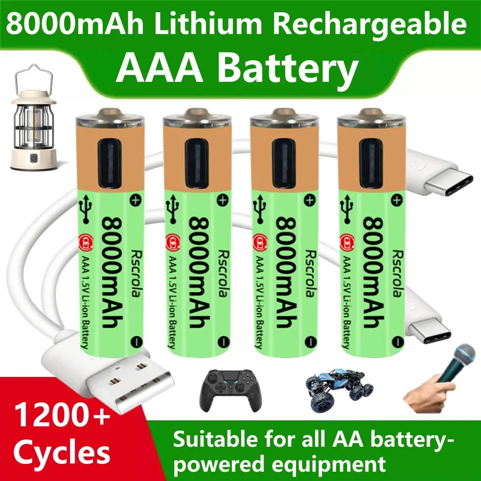 Batería recargable AAA duradera, batería de gran capacidad de 8000mAh, USB-C de carga rápida, 1200 ciclos para cámara de juguete, reloj, Control remoto