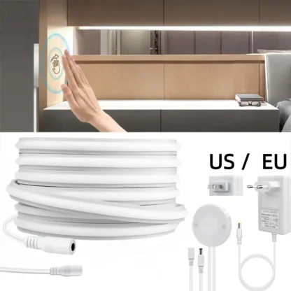 Tira de luz de neón COB de 24V, 280LEDs/M, tubo de Gel de silicona sólido con tacto regulable y interruptor de Sensor de movimiento de barrido manual, cinta impermeable