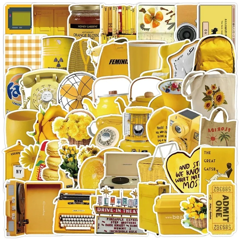 50 Pegatinas Estéticas Amarillas Vintage - Calcomanías Retro para Laptop, Equipaje y Decoración DIY Anime Worlds Store