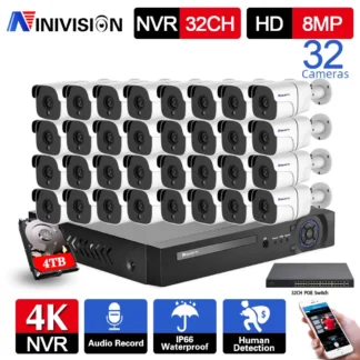 Sistema de seguridad NVR 32CH 4K para exteriores, sistema de cámara CCTV impermeable de 8MP, Audio POE, IP, sistema de cámara de vigilancia tipo bala, Kit XMEYE