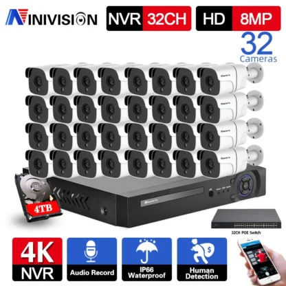 Sistema de seguridad NVR 32CH 4K para exteriores, sistema de cámara CCTV impermeable de 8MP, Audio POE, IP, sistema de cámara de vigilancia tipo bala, Kit XMEYE