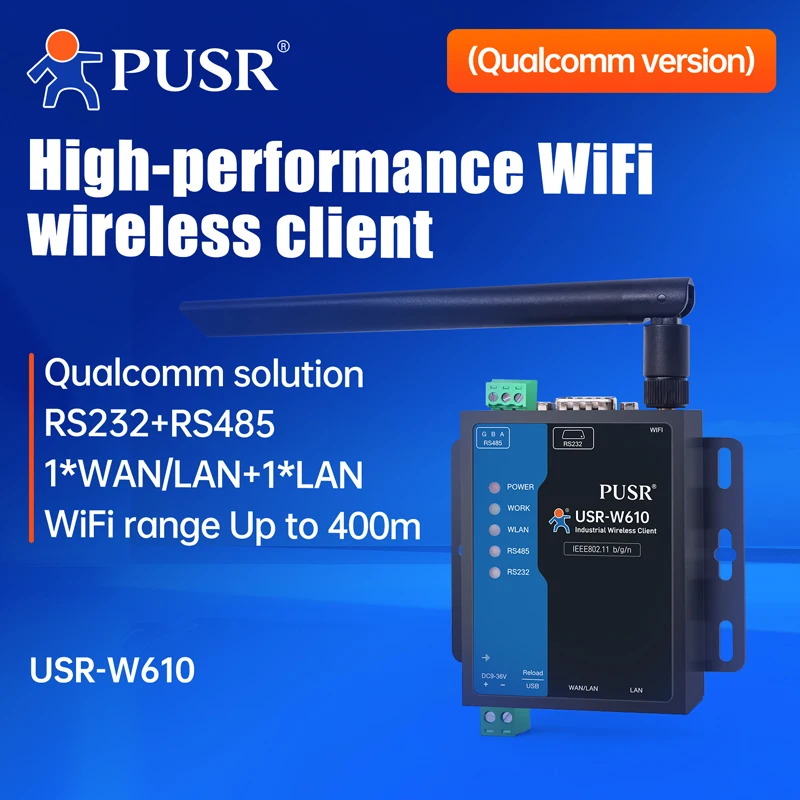 PUSR Serial RS485 RS232 a WiFi Convertidor Industrial Inalámbrico Cliente Modbus Gateway Protocolo MQTT USR-W610 (Versión Quualcomm)