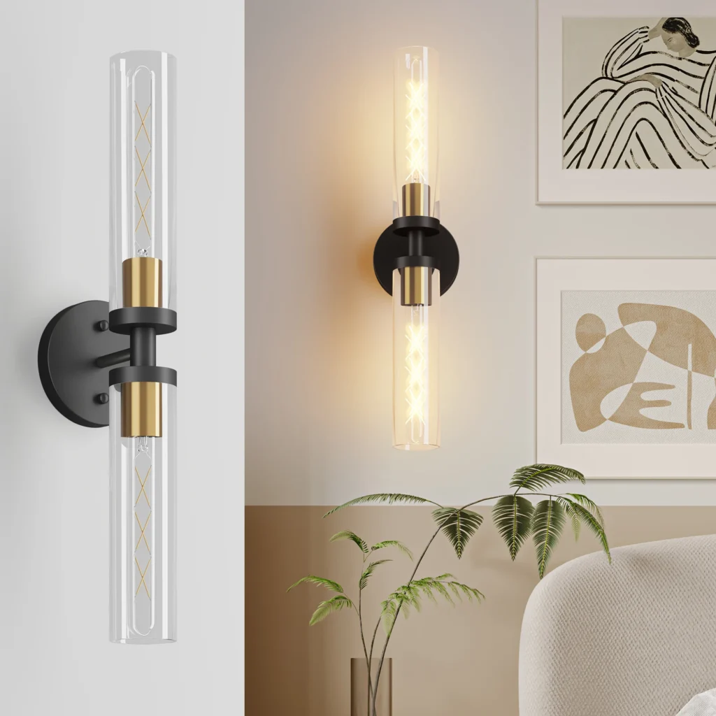 Aplique de pared doble moderno industrial de 2 paquetes con pantallas de vidrio transparente, luz de pared interior de 120 V con base E26, iluminación de tocador de granja