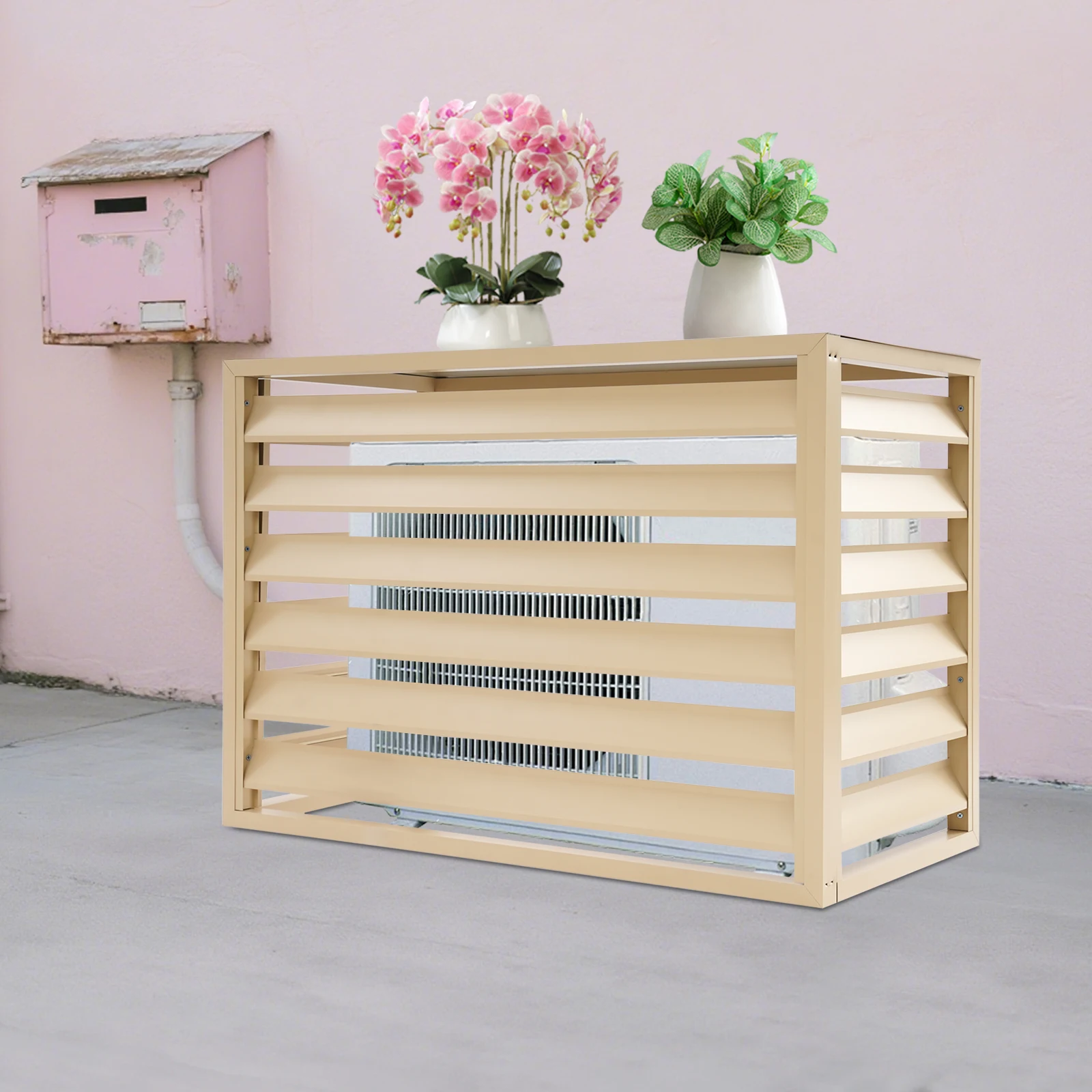 Cubierta Protectora de Privacidad para Unidad de Aire Acondicionado Exterior, Color Beige Claro, 4 Paneles, Independiente y de Montaje en Pared, con Acabado Moderno Pulverizado