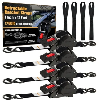 Correa de Amarre Retráctil Automática de 1" x 12 pies, Correa de Poliéster Autoenrollable con Gancho en S, Certificación CE, Alta Resistencia