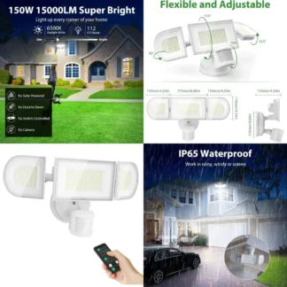 Luz de Seguridad LED para Exteriores de 150W con Sensor de Movimiento, 15000LM de Brillo, Ángulos de Haz Ajustables, Control Remoto, Resistente a la Intemperie