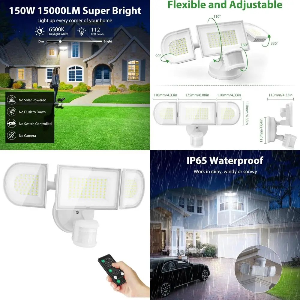 Luz de Seguridad LED para Exteriores de 150W con Sensor de Movimiento, 15000LM de Brillo, Ángulos de Haz Ajustables, Control Remoto, Resistente a la Intemperie
