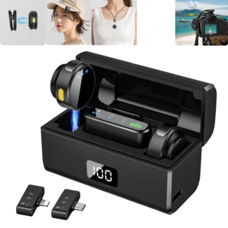 Micrófono inalámbrico Lavalier magnético de 100M para cámara, micrófono de solapa con caja de carga con cancelación de ruido AI para grabación de vídeo