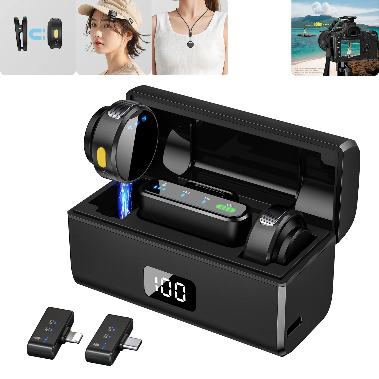 Micrófono inalámbrico Lavalier magnético de 100M para cámara, micrófono de solapa con caja de carga con cancelación de ruido AI para grabación de vídeo