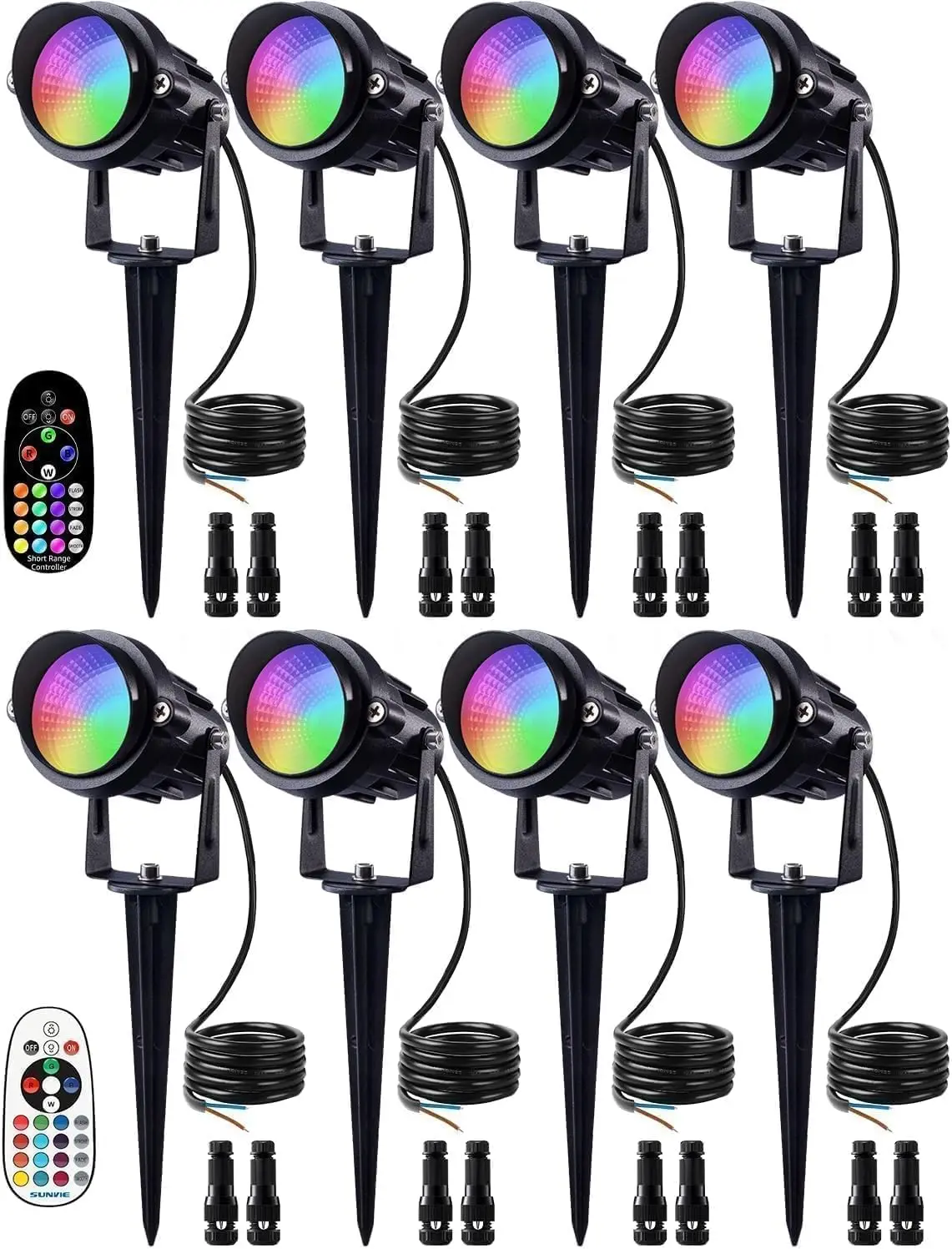 Luces LED RGB de 12W para Paisajismo con Cambio de Color, Paquete de 8 con Control Remoto, Focos Impermeables para Exteriores