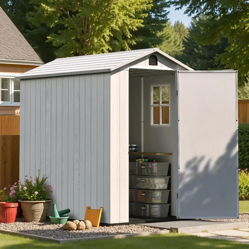 Caseta de Almacenamiento de Resina de 4 x 6 Pies con Suelo, Caseta de Jardín de Plástico para Exterior con Puerta y Ventana con Cerradura, Fácil Montaje, Personalizable