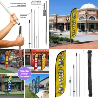 Kit de Bandera Publicitaria con Mástil de Fibra de Vidrio de 12 Pies de Altura y Estaca para el Suelo, para Suministros de Peluquería Canina