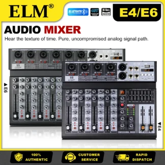Mezclador de Audio E 4/6 Canales con Alimentación Phantom de 48V Individual, Ecualizador de 3 Bandas y Pan por Canal, 99 Efectos DSP, Ecualizador Maestro de 7 Bandas, USB, Bluetooth