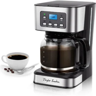 Cafetera Programable de 12 Tazas, Prepara Café Regular o Fuerte, Jarra de Vidrio, Función Pausa y Servicio, Apagado Automático, Negro y Acero Inoxidable