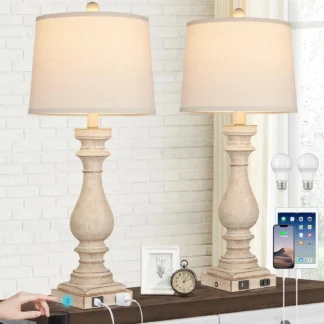 Juego de 2 Lámparas de Mesa Estilo Rústico con Puertos USB C+A, Tomacorriente de CA y Control Táctil Regulable para Sala de Estar o Dormitorio