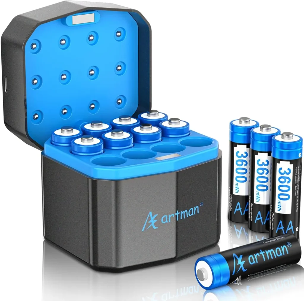Paquete de 12 Baterías Recargables de Litio AA con Cargador, 3600mWh de Alta Potencia para Cámara Blink, Más de 2000 Ciclos, Color Negro