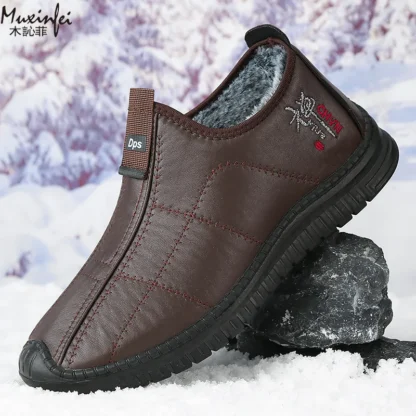Zapatos de algodón de invierno para hombre, botas de nieve gruesas de felpa cálidas, superficie de cuero informal, botas impermeables antideslizantes de talla grande 39-48