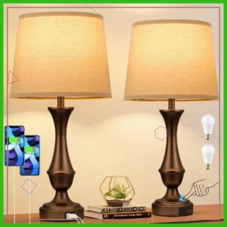 Juego de 2 Lámparas Táctiles Mejoradas con USB C+A, Regulables en 3 Niveles, para Mesitas de Noche en Dormitorio, Sala de Estar u Oficina (Marrón)