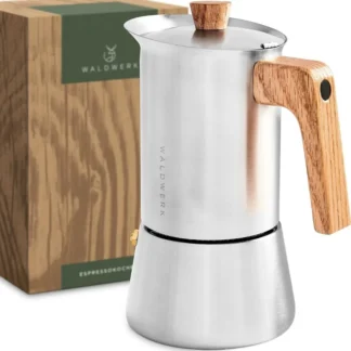 Cafetera Moka de Acero Inoxidable de 10 oz, Libre de Tóxicos, con Mango de Madera de Roble, Cafetera Espresso para Estufa y Placa de Inducción