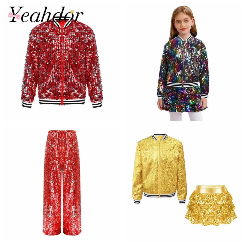Conjuntos de ropa para niñas, traje de baile de Jazz brillante, trajes de lentejuelas, chaquetas de béisbol, prendas de vestir exteriores, culottes con falda con volantes escalonados
