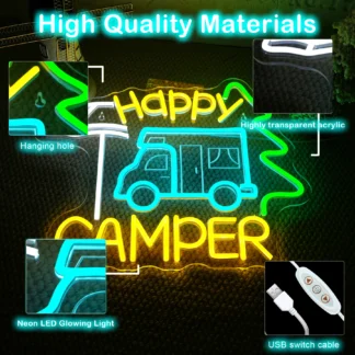 Happy Camper-letrero de neón regulable para acampada, letrero iluminado para regalos de coche de turismo, decoraciones para campamento, fondo interior para Camper