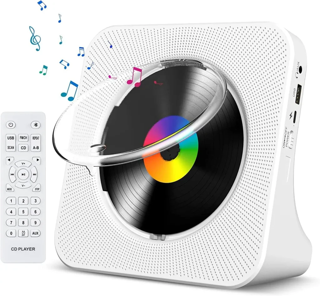 Reproductor de CD Bluetooth Portátil con Temporizador, Altavoces HiFi, Pantalla LCD, Radio FM y USB-C para el Hogar (Blanco)