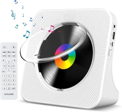 Reproductor de CD Bluetooth Portátil con Temporizador, Altavoces HiFi, Pantalla LCD, Radio FM y USB-C para el Hogar (Blanco)