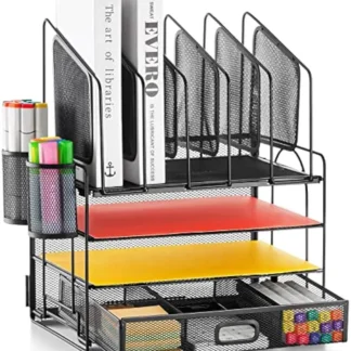 Organizador de escritorio de malla de 4 niveles con cajón, 5 archivadores y portalápices para almacenamiento en el hogar y la oficina