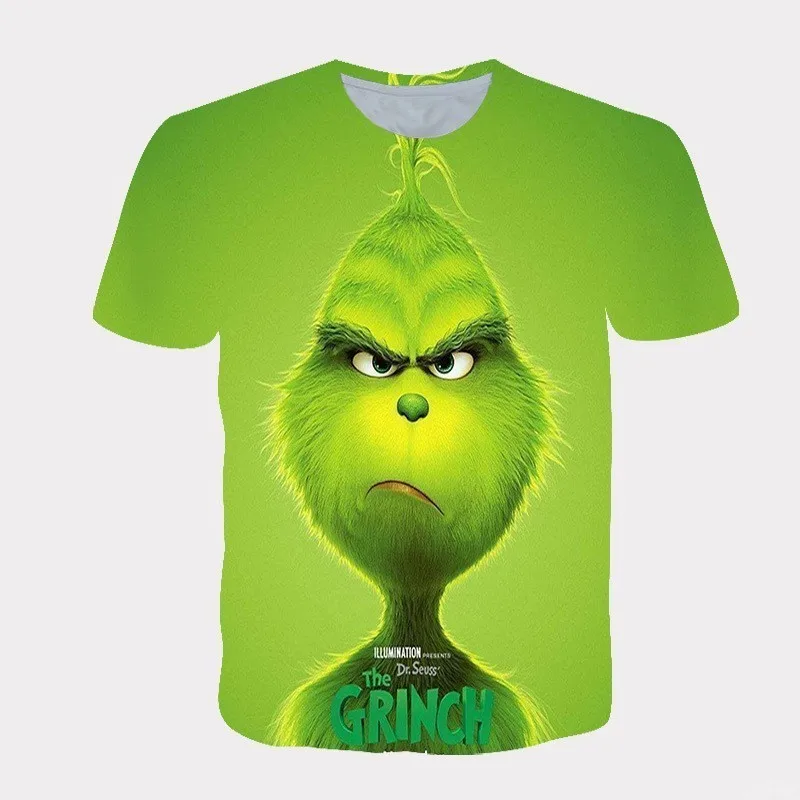 Transfronterizo nuevo 2025 dibujos animados de Navidad monstruo de piel verde 3D impreso camiseta de los hombres de manga corta Navidad Grinch