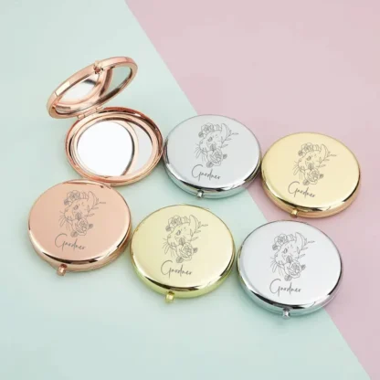 1 espejo de maquillaje con nombre personalizado, diseño de rosa de dibujos animados, espejo plegable, espejo redondo, espejo de bolsillo, regalos para invitados de boda