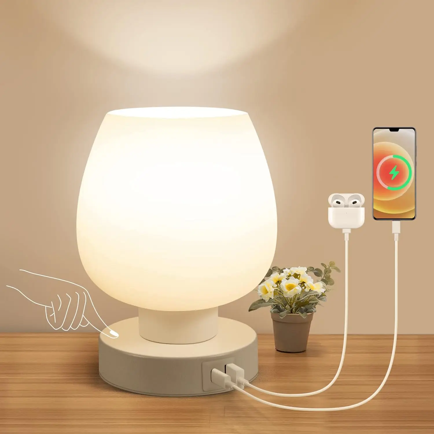 Lámpara de Noche Táctil con Puertos de Carga USB C+A, Luz LED Regulable, Pantalla de Vidrio Opal Blanco para Dormitorio o Escritorio