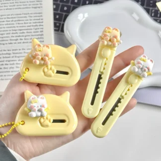 Mini cortador de caja de gatito amarillo, abridor de cartas de gato con alas de dibujos animados Kawaii, cuchillo de utilidad portátil para álbum de recortes, suministros para estudiantes