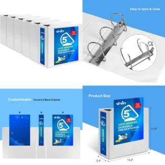 Carpeta duradera con anillas en D de 5 pulgadas, gran capacidad, 950 hojas, se adapta a papel de 8,5 x 11, paquete de 6 anillos en D inclinados blancos para uso duradero