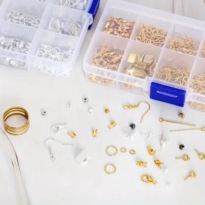 1420 piezas 1 caja Kit de accesorios para joyería, kit para hacer aretes, cierre de langosta, anillas abiertas, herramientas de reparación, suministros DIY para hacer joyas