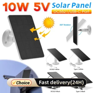 Kit de Panel Solar Monocristalino de 10W 5V con Cargador Tipo-C DC5521, Montaje en Pared, IPX6, para Cámara de Seguridad Inteligente