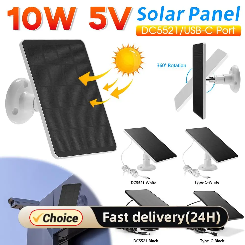Kit de Panel Solar Monocristalino de 10W 5V con Cargador Tipo-C DC5521, Montaje en Pared, IPX6, para Cámara de Seguridad Inteligente