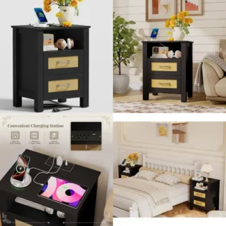 Mesita de noche de ratán negro de 26" con puerto de carga, cajones de almacenamiento y estante abierto para dormitorio