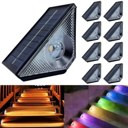 【Nuevo modelo】Luces solares para escalones, paquete de 8 luces solares para escaleras, impermeables para exteriores, luz blanca cálida/7 colores RGB, luz LED para terraza exterior