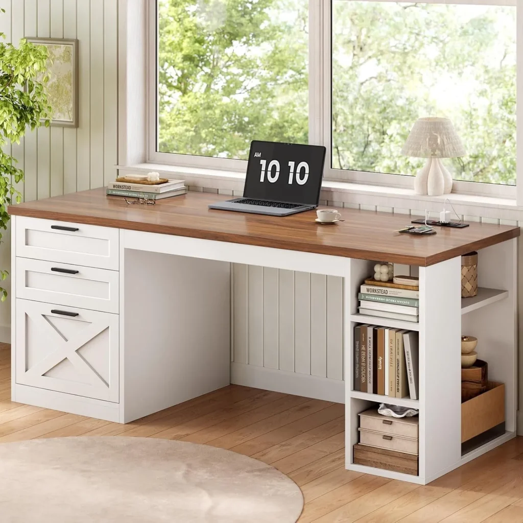 Escritorio para computadora estilo Farmhouse de 55.1 pulgadas con 3 cajones y estantes de almacenamiento, escritorio ejecutivo